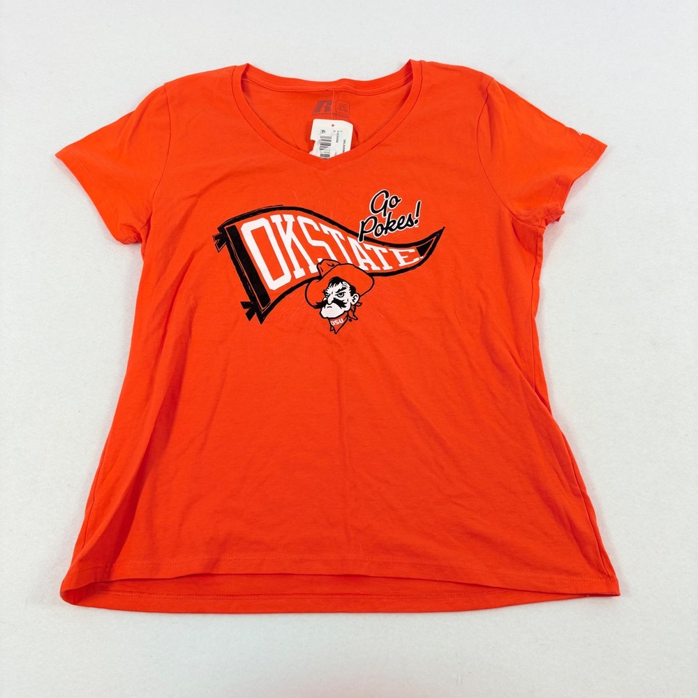Oklahoma State T-Shirt Women Large Orange‎ Go Pokes V-Neck New w/ Flaw Game Day